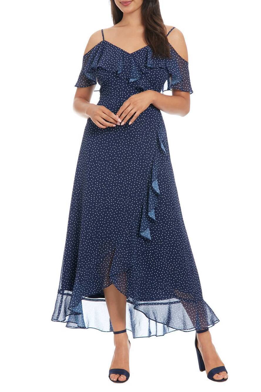 NEW LONDON TIMES v-neck ruffle detail chiffon maxi dress in navy/white